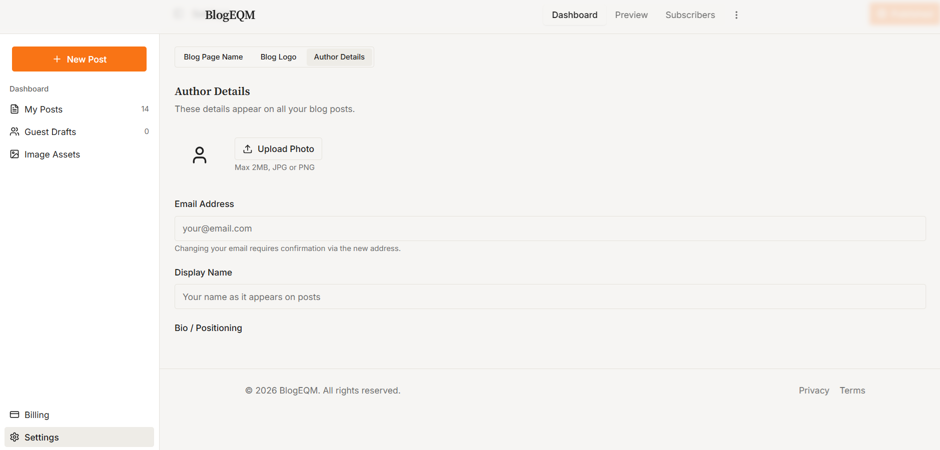 Open Settings from the Dashboard sidebar to manage your blog profile and branding.