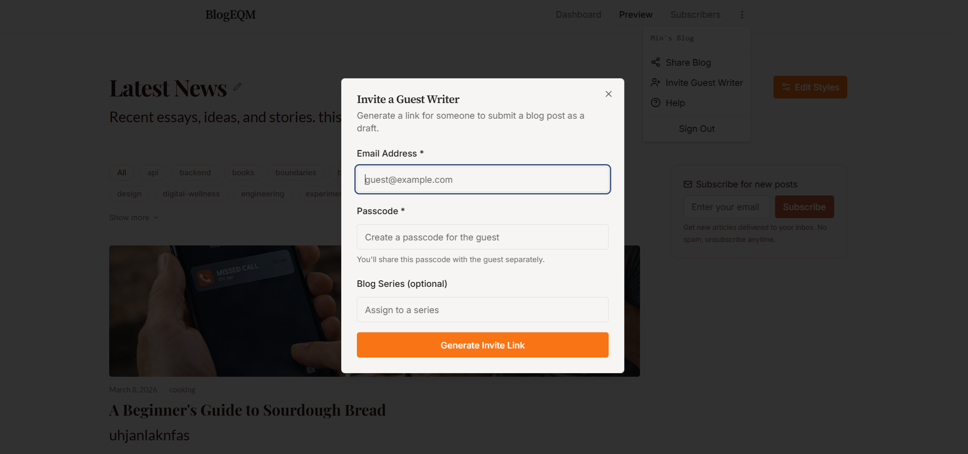You can invite guest writers from the dashboard menu or from series-related invite prompts.